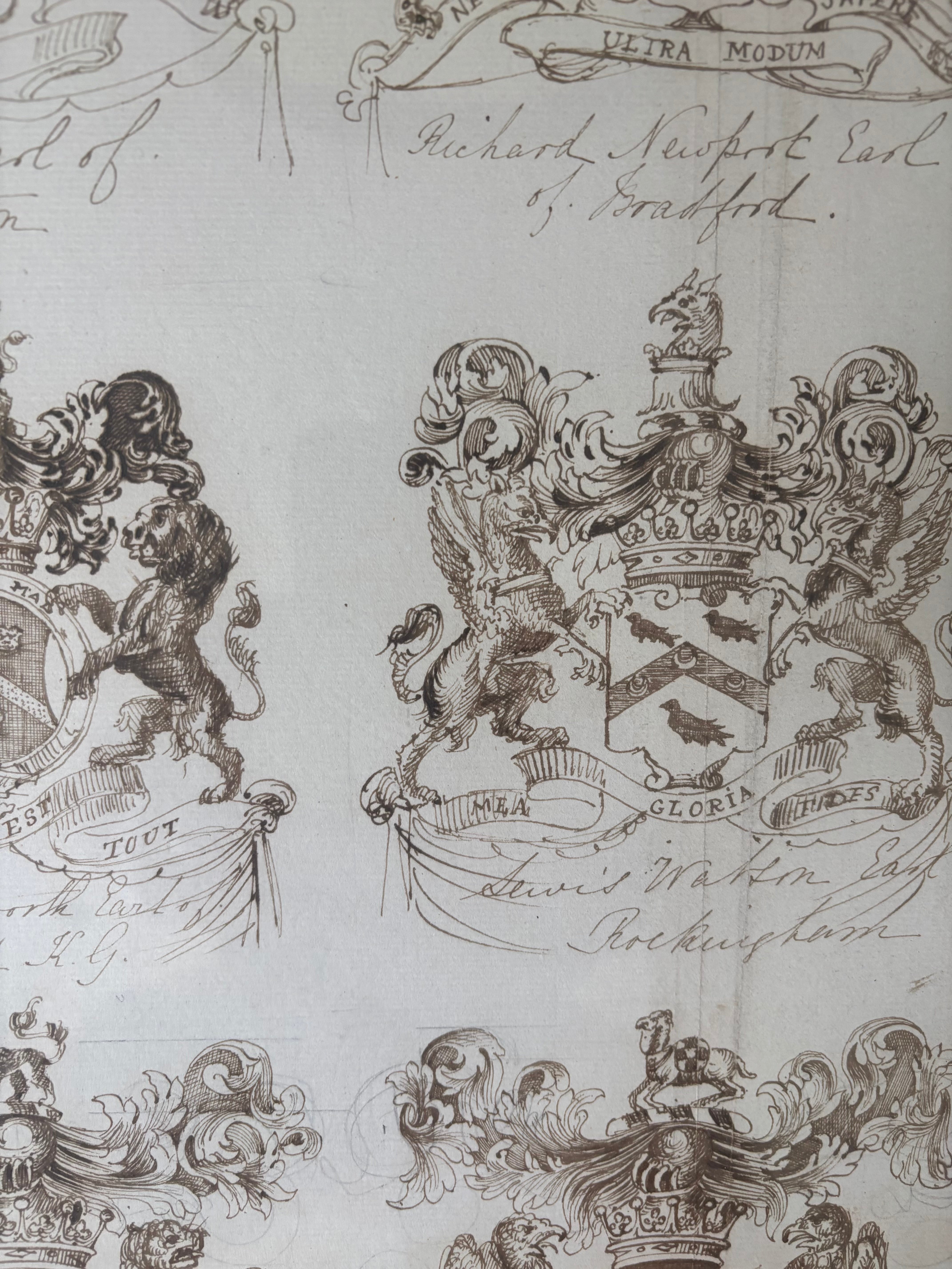 Two English 18th Century Heraldic Pen And Ink Illustrations of The Achievements Of Earls