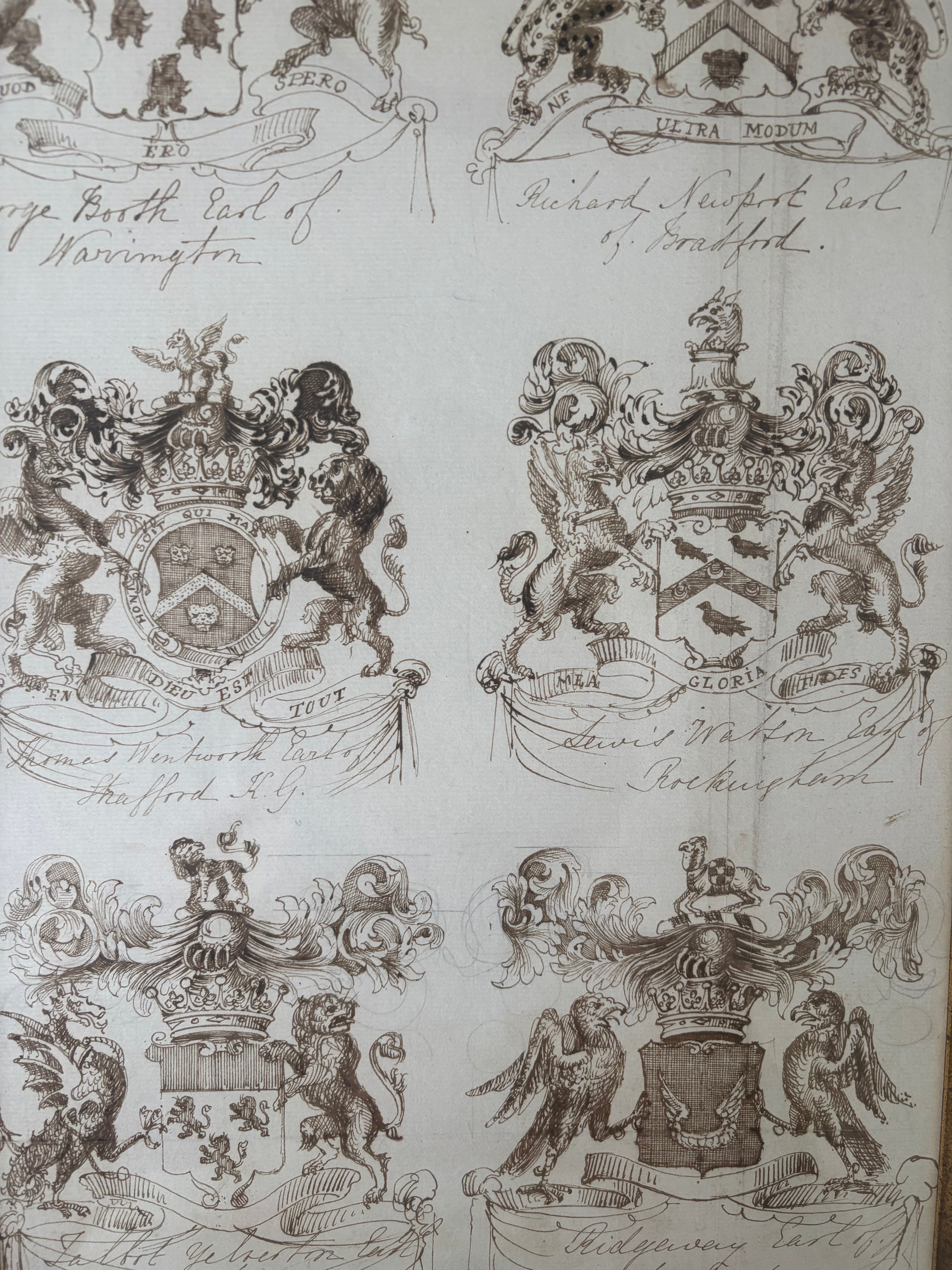 Two English 18th Century Heraldic Pen And Ink Illustrations of The Achievements Of Earls