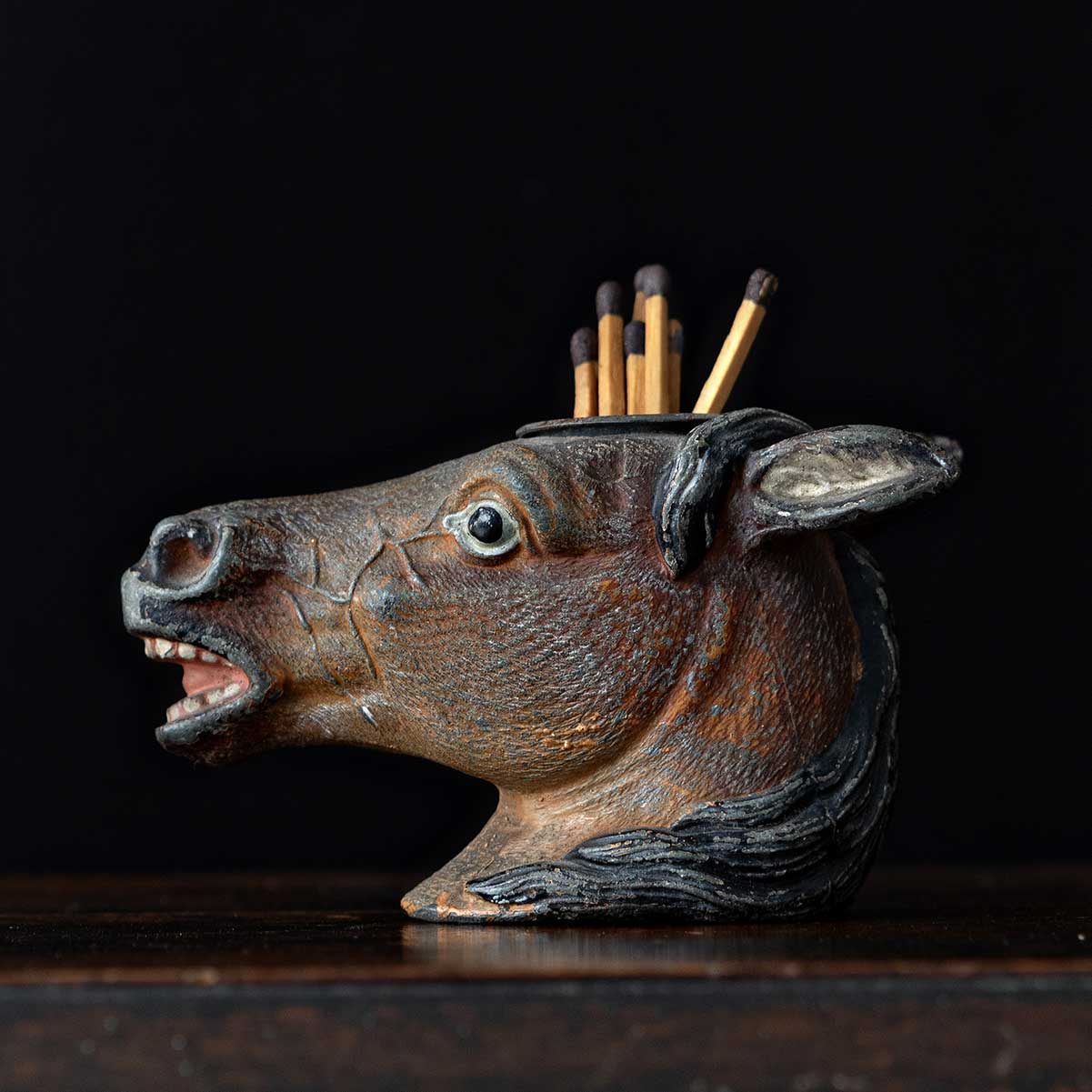 Cold Painted Spelter Match Holder in the Form of a Horses Head Circa. 1890
