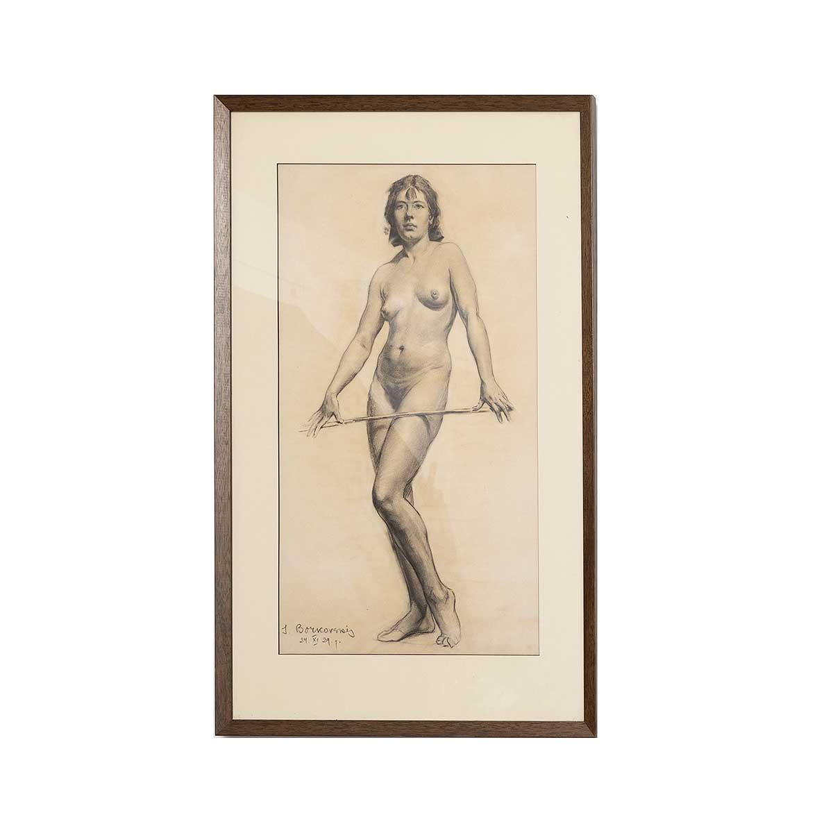 Charcoal Study of a Nude with Cane Dated 1929.