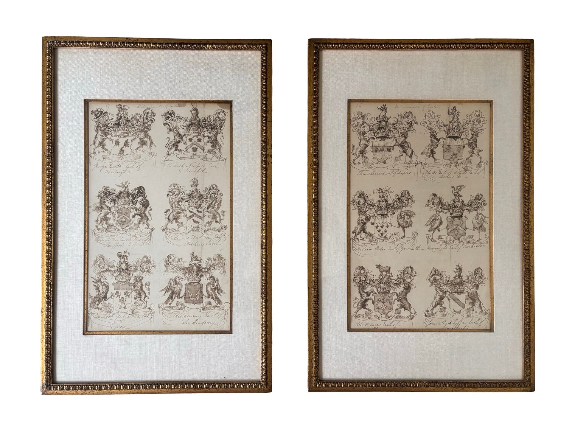 Two English 18th Century Heraldic Pen And Ink Illustrations of The Achievements Of Earls