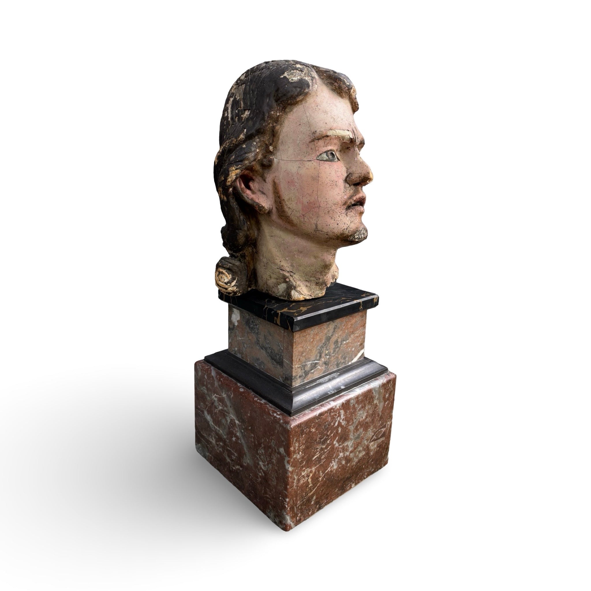 18th Century Carved Wood Polychromed Head on Marble Base