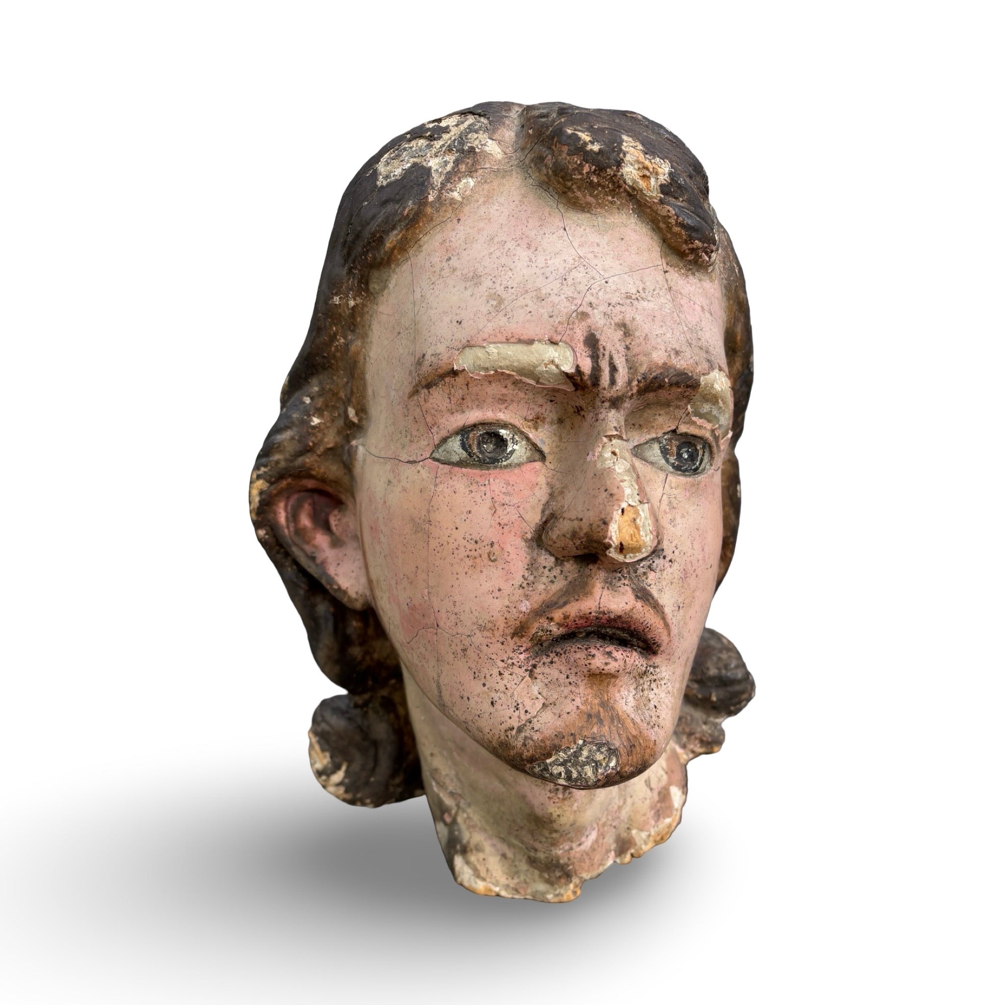 18th Century Carved Wood Polychromed Head on Marble Base