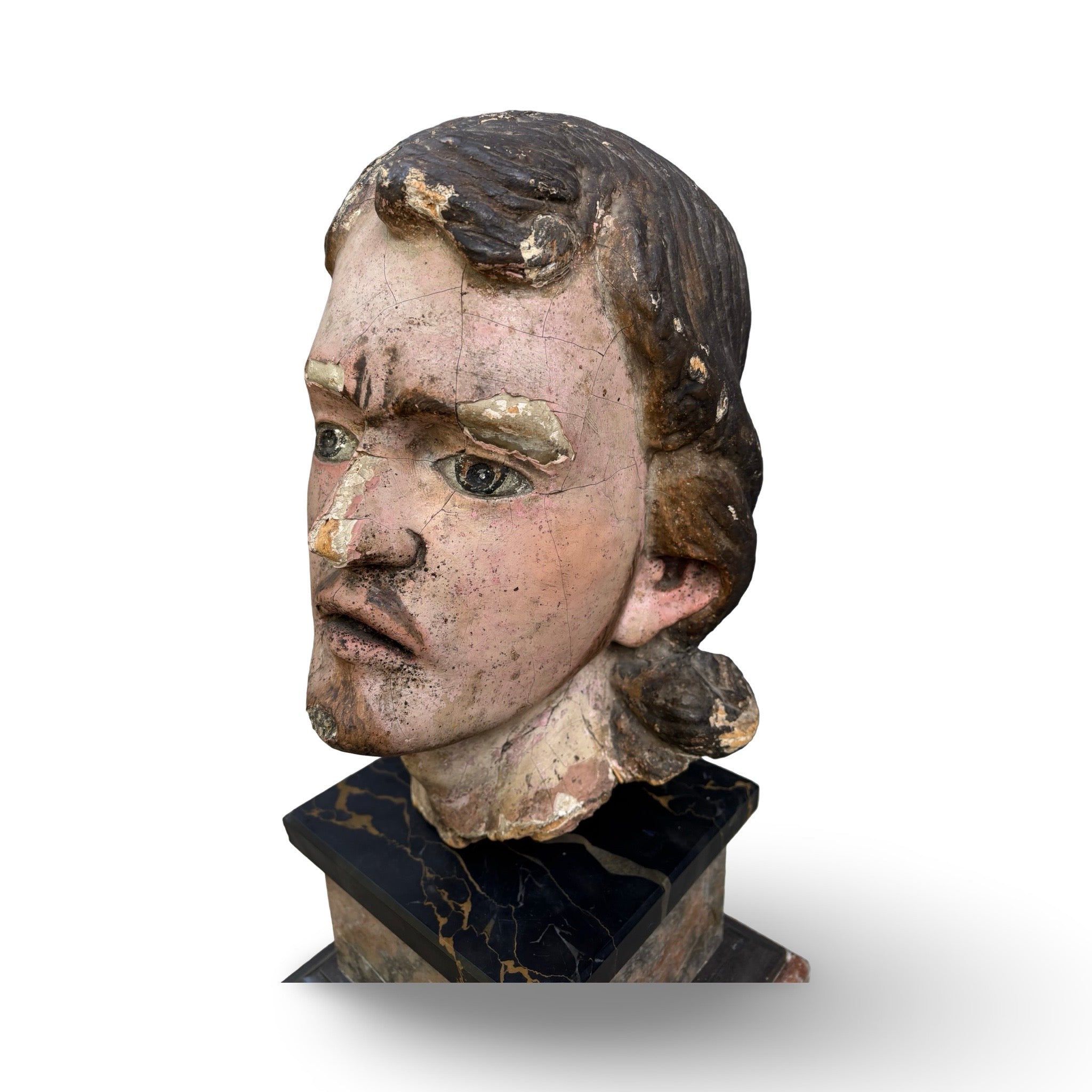 18th Century Carved Wood Polychromed Head on Marble Base
