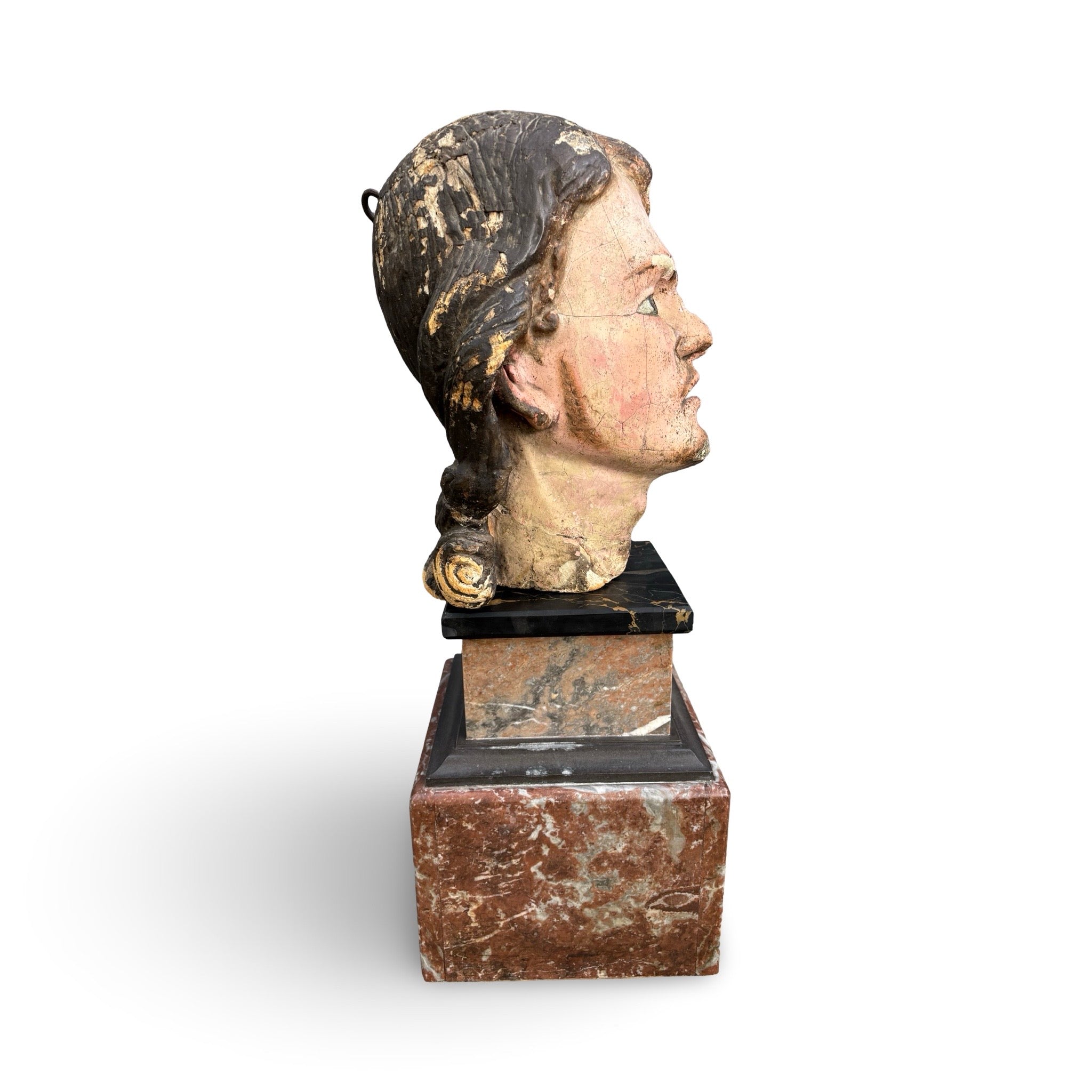 18th Century Carved Wood Polychromed Head on Marble Base