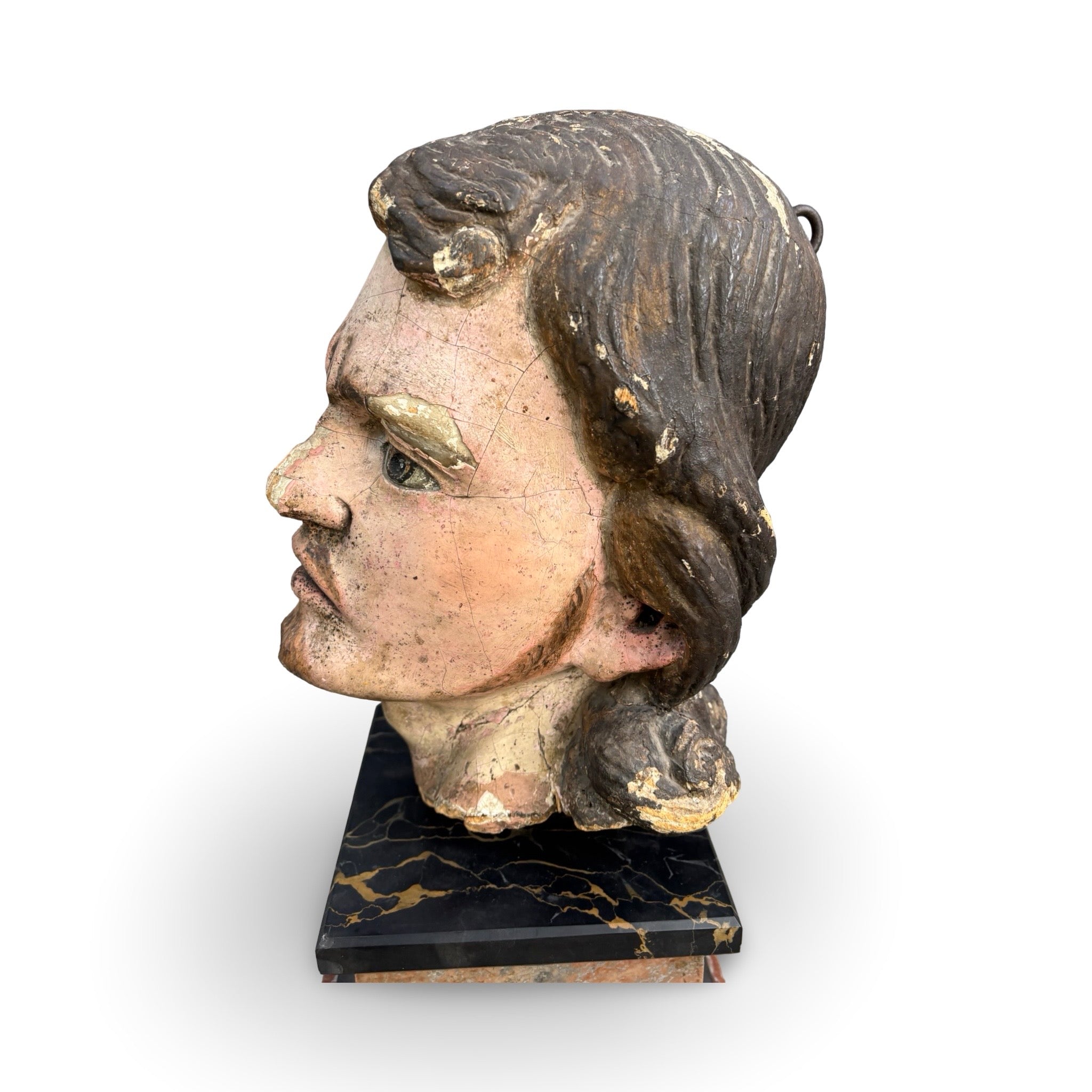 18th Century Carved Wood Polychromed Head on Marble Base