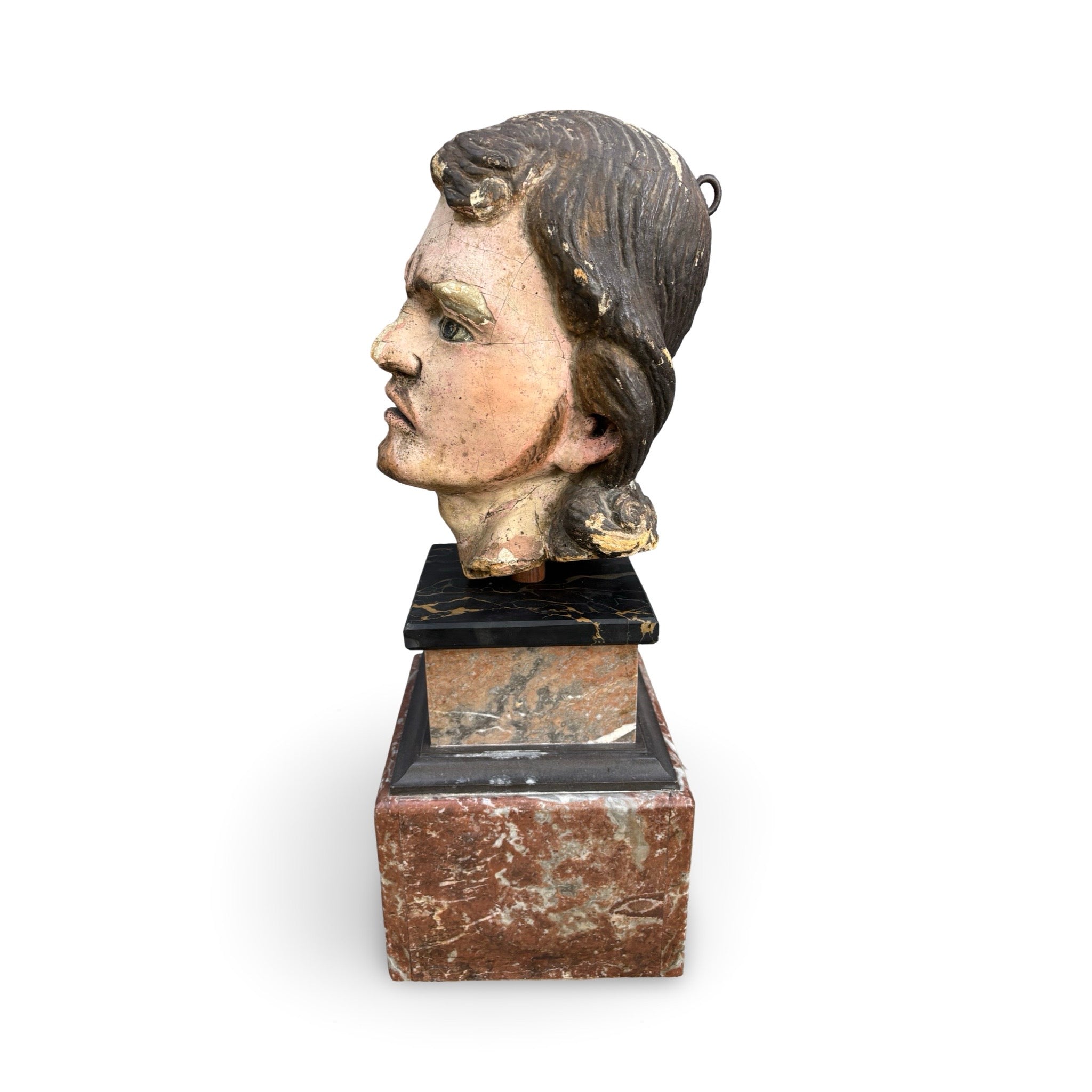 18th Century Carved Wood Polychromed Head on Marble Base