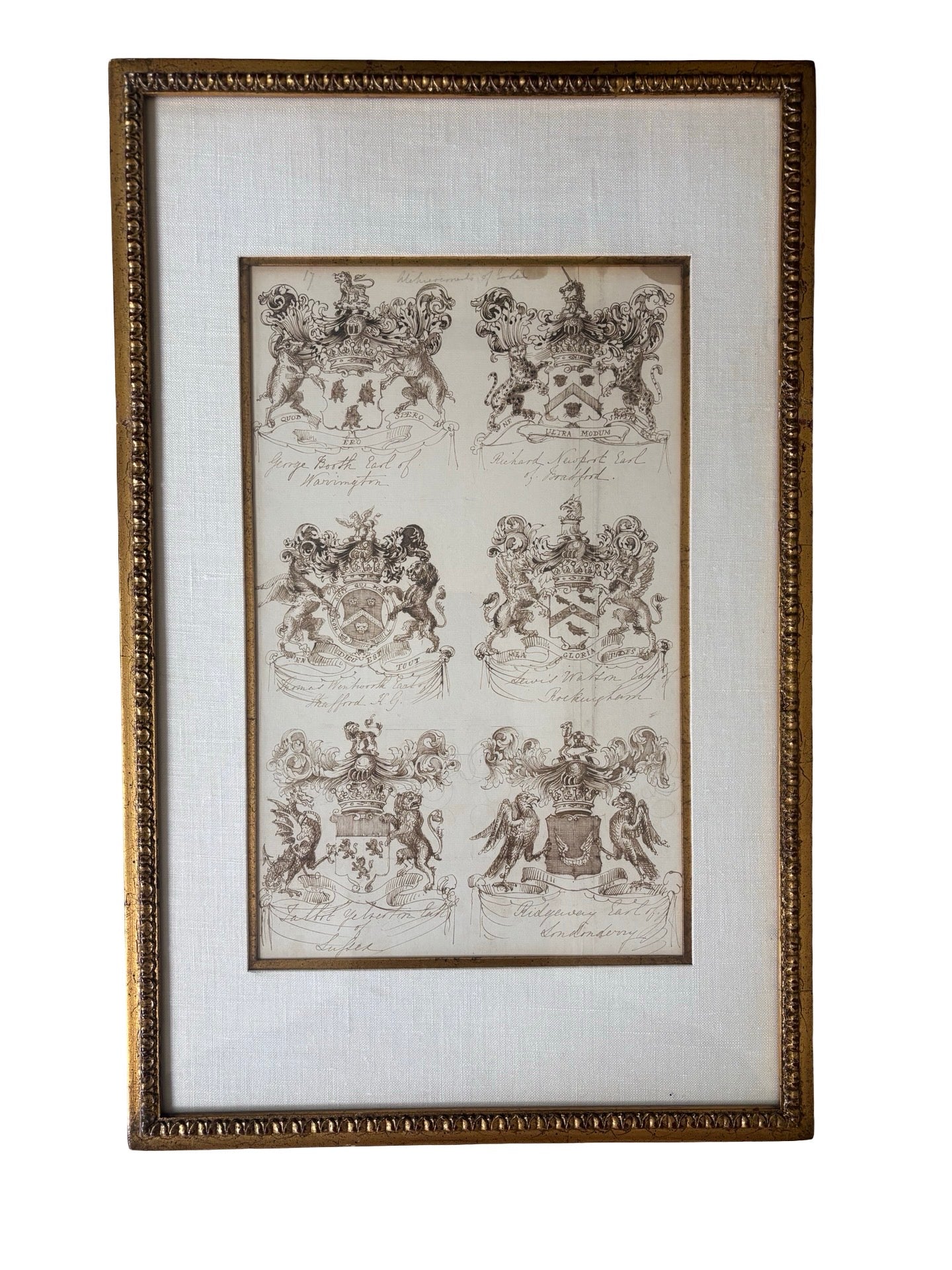 Two English 18th Century Heraldic Pen And Ink Illustrations of The Achievements Of Earls
